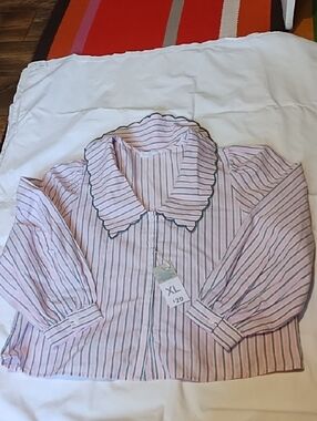 Primark Pink Striped Button-Up Top with Green Trim